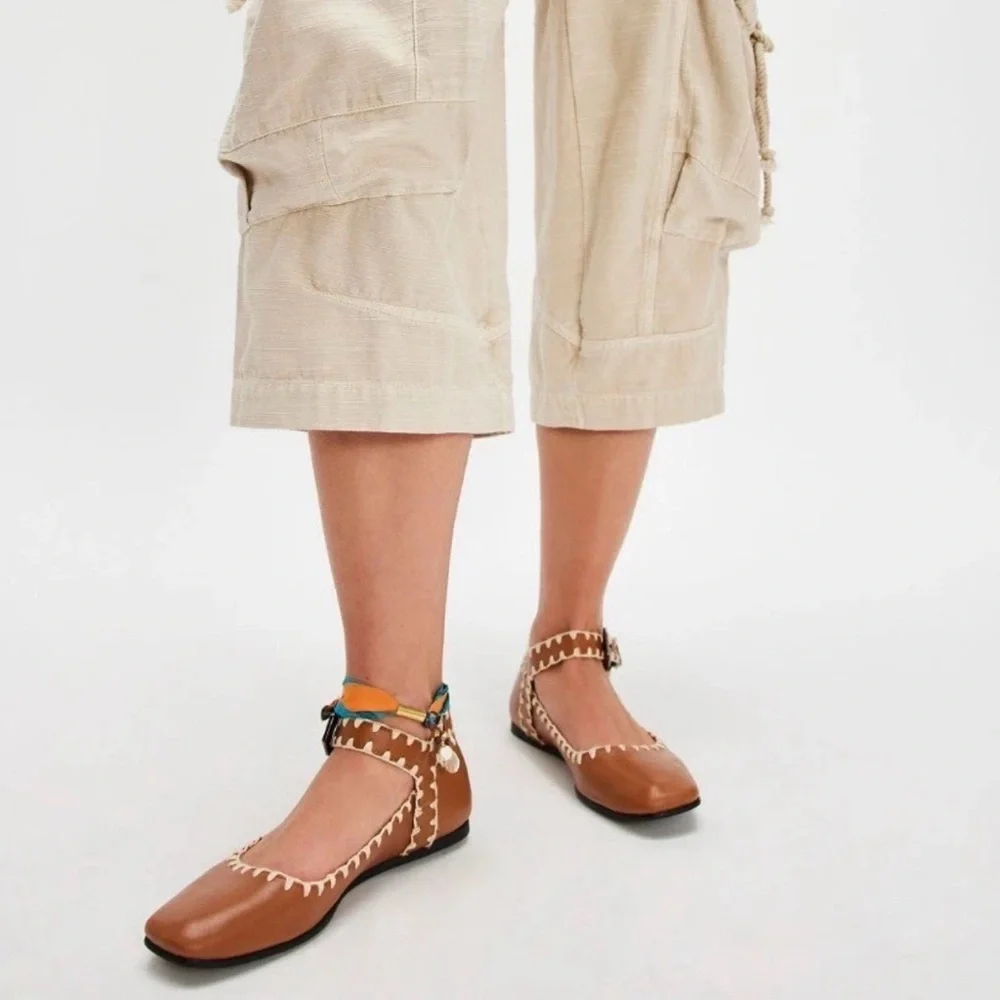 Free People Mystic Mary Jane Buckle Flat Tan Leather Ivory Crochet Trim - Picture 9 of 10